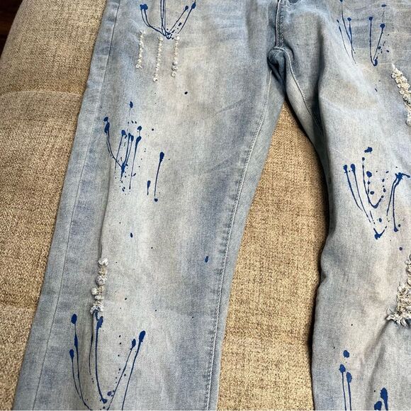 M Society Bleached Skinny Fit Rip And Tear With Splatter Jeans Size 34x30 - Picture 3 of 11
